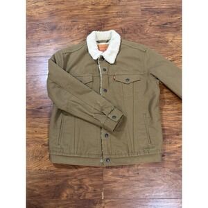 Levis Denim Jacket Adult Medium Khaki Sherpa Lined Red Tab Trucker Fleece Mens